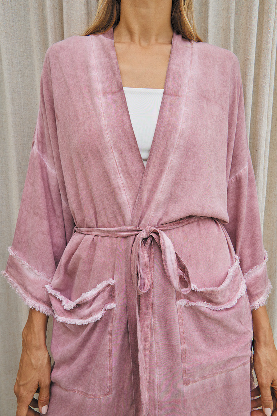 PETAL LONG KIMONO // PIGMENT COLOR WITH FRINGES